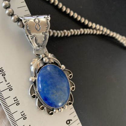 Men's Navajo Pearls Necklace with Denim Lapis Pendant | Sterling Silver | Authentic Native American Handmade | 12433
