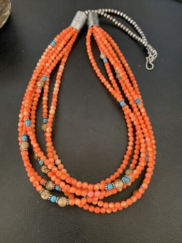 Navajo Pink Coral 5-Strand Turquoise Bead Necklace | Sterling Silver | 25" | Authentic Native American Handmade | 12510