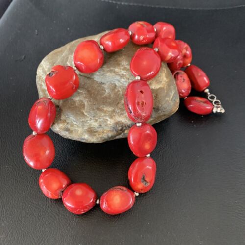 Navajo Red Coral Bead Necklace | Sterling Silver | 20" | Authentic Native American Handmade | 13409