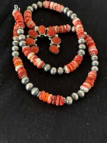 Navajo Spiny Oyster & Coral Naja Pendant | Authentic Native American Sterling Silver | Naja | 4682