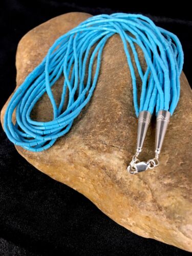 Navajo Blue Turquoise Heishi 10-Strand Liquid Sterling Necklace | 24" | Authentic Native American Handmade | 12384