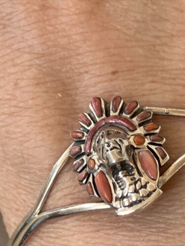 Native American Indian Head Coral Cuff Bracelet | Sterling Silver | Authentic Handmade | 1691 - Masha USA