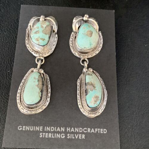 Navajo Blue Dry Creek Turquoise Post Dangle Earrings | Sterling Silver | Authentic Native American Handmade | 13880