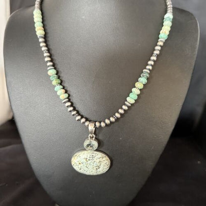 Navajo Sea Green Turquoise Multi-Stone Pendant Necklace | Authentic Native American Sterling Silver | 21" | 14477