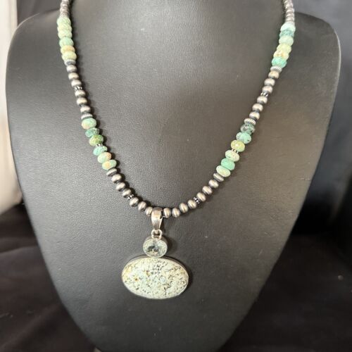 Navajo Sea Green Turquoise Multi-Stone Pendant Necklace | Authentic Native American Sterling Silver | 21" | 14477
