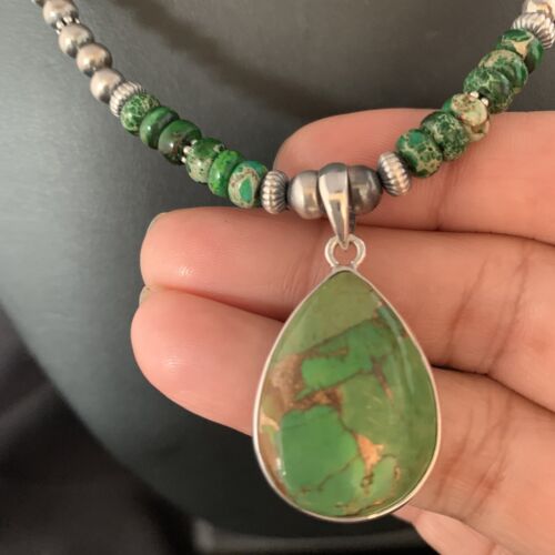 Navajo Green Mojave Turquoise Pendant Necklace | Sterling Silver | Native American Handmade | 13466