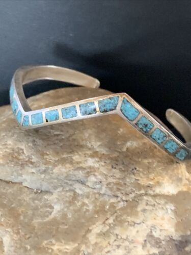 Navajo Old Pawn Blue Turquoise Chip Inlay Bracelet | Sterling Silver | Authentic Native American Handmade | 1168