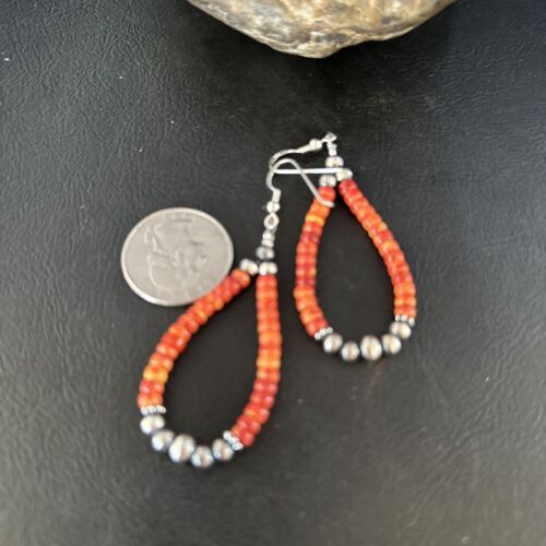 Southwestern Red Spiny Oyster Bead Earrings | Navajo Sterling Silver | Authentic Native American Handmade | 14372