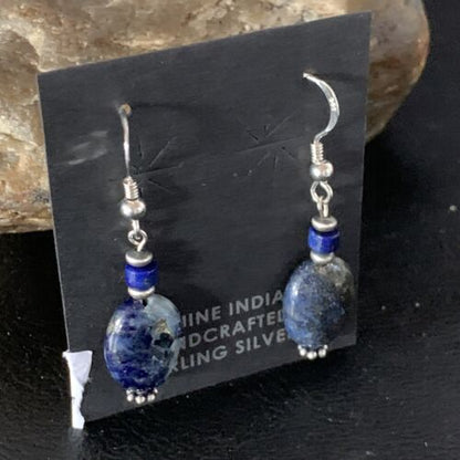 Navajo Lapis Lazuli Bead Dangle Earrings | Sterling Silver | 1" | Authentic Native American Handmade | 13329