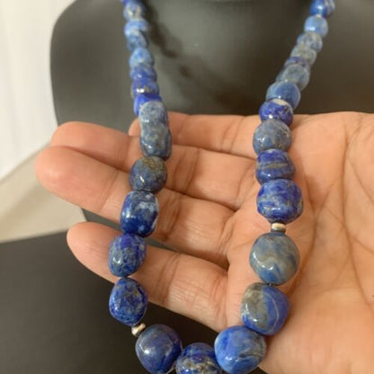 Navajo | Sterling Silver | Handmade Blue Denim Lapis Bead Necklace Pendant | Authentic Native American | 20" | 02206