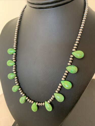 Navajo Green Mojave Turquoise Necklace | Sterling Silver | Authentic Native American Handmade | 01315