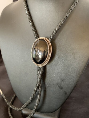 Men's Black Onyx Bolo Tie | Navajo Sterling Silver | Authentic Native American Handmade | 12609