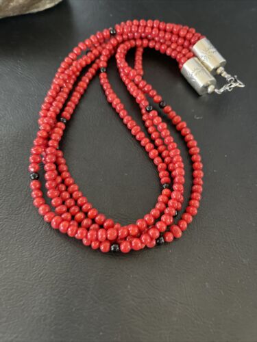 Native American Navajo Red Coral Onyx Necklace | Sterling Silver | 10302