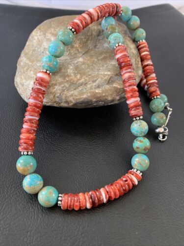 Men's Royston Turquoise & Red Spiny Necklace | Navajo Pearl | Sterling Silver | Native American | 22" | 02173