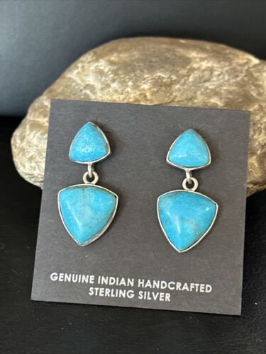 Navajo Blue Turquoise Dangle Earrings | Sterling Silver | 1" | Authentic Native American Handmade | 14771