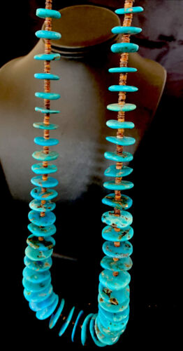 Authentic Native American Kingman Turquoise & Shell Necklace | Sterling Silver | 33" | Navajo Graduated | 12159