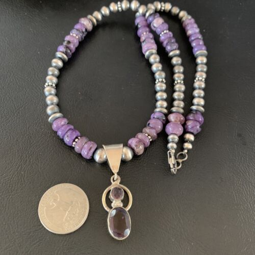 Navajo Purple Charoite and Amethyst Pendant Necklace | Authentic Native American Sterling Silver | Multi-Stone | 22" | 13412