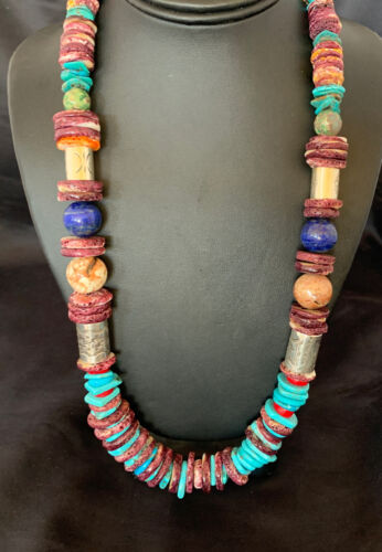 Navajo Sterling Silver Necklace | Turquoise, Spiny Oyster, Coral, Lapis | 24" | Authentic Native American | 10825