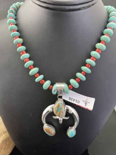 Navajo Blue Ribbon Boulder Turquoise Naja Pendant Necklace | Sterling Silver | 1436