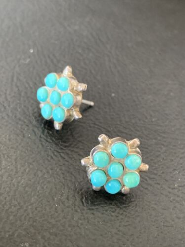 Zuni Petit Point TurquoiseCluster Earrings | Authentic Native American Handmade | Sterling Silver | 1608