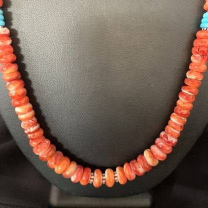 Navajo Turquoise & Red Spiny Oyster Graduated Necklace | Sterling Silver | Authentic Native American | 22" | 13516