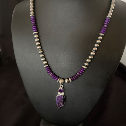 Navajo Pearls Necklace with Purple Sugilite Pendant | Sterling Silver | Multi-Stone | 11334