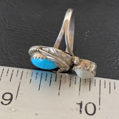 Navajo Blue Turquoise Moonstone Ring | Authentic Native American Sterling Silver | Multi-Stone | Sz 6.5 | 10770