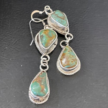 Native American Green Royston Turquoise Dangle Earrings | Navajo Handmade Sterling Silver | 1585