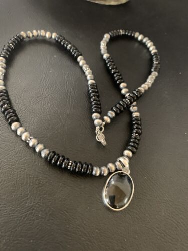 Native American Men's Navajo Pearl Necklace Pendant | Sterling Silver Black Onyx | 11905
