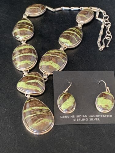 Navajo Green Gaspeite Necklace Choker Earrings Set | Sterling Silver Pendant | 19" | Authentic Native American Handmade | 13793