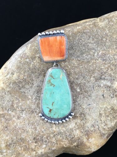 Navajo Blue Turquoise & Spiny Oyster Necklace Pendant | Sterling Silver | Native American Handmade | 10065