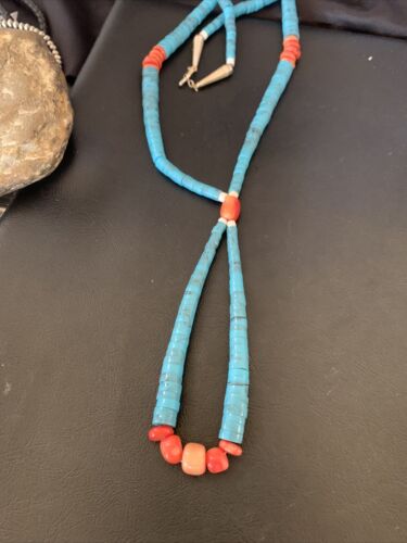 Southwestern Santo Domingo Pink Coral Blue Turquoise Jacla Necklace | 20" | Authentic Native American Handmade | 12516