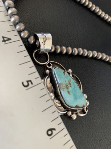 Men's Sterling Silver Blue Dry Creek Turquoise Pendant | Navajo Pearl Necklace 21" | 12975