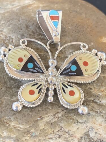 Zuni Blue Turquoise Coral Mother of Pearl Butterfly Inlay Pendant Necklace | Sterling Silver | 11969