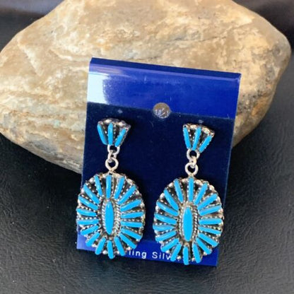 Zuni Handmade Kingman Turquoise Needle Point Dangle Earrings | Sterling Silver | 11663