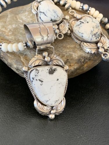 Navajo Pearls White Buffalo Turquoise Necklace Pendant | Sterling Silver | Authentic Native American Handmade | 10868