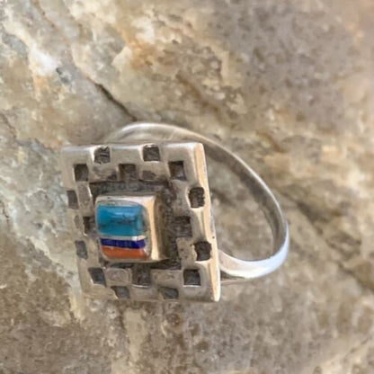 Native American Women's Navajo Green Turquoise Coral Inlay Ring | Sz 7.5 | 13159