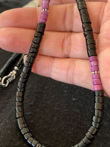 Native American Sugilite Heishi Onyx Necklace for Men | Sterling Silver | 19" | 8822