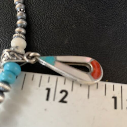 Navajo Pearls Wild Horse Turquoise Necklace Inlay Pendant | Sterling Silver | Authentic Native American Handmade | 13885