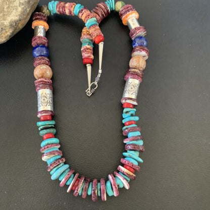 Navajo Turquoise Spiny Oyster Coral Lapis Necklace | Sterling Silver | 24" | 10824