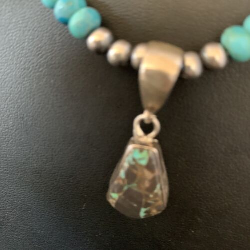Women's Blue Turquoise Pendant Necklace | Navajo Pearls | Sterling Silver | Authentic Native American Handmade | 13368