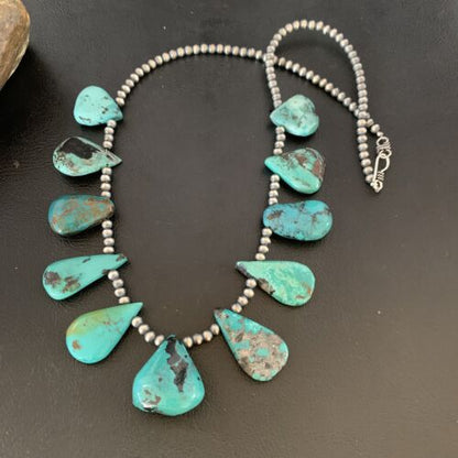 Southwestern Navajo Pearls Necklace | Sterling Silver | Blue Turquoise Teardrop | 13156