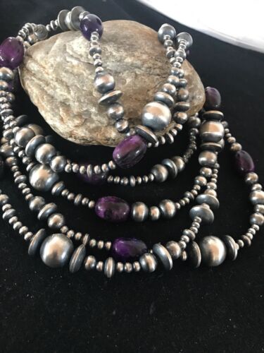 Navajo Pearls Necklace | Sterling Silver Sugilite Beads | 70" | Authentic Native American Handmade | 8052