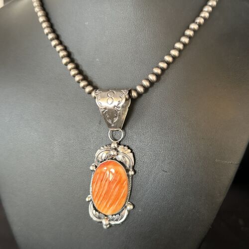 Navajo Orange Spiny Oyster Necklace Pendant | Sterling Silver | Authentic Native American Handmade | 14681