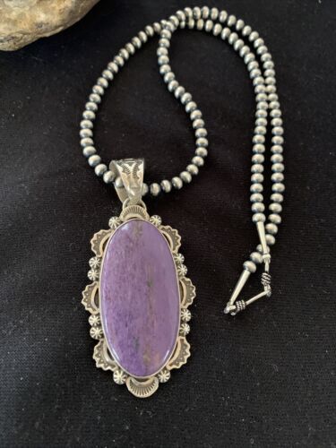 Southwestern Navajo Pearls Necklace | Sterling Silver Charoite Pendant | Authentic Native American Handmade | 01279