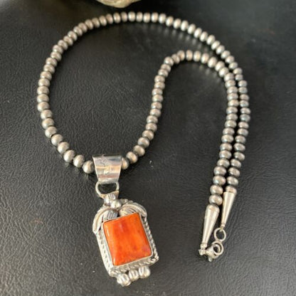Navajo Red Spiny Oyster Square Pendant Necklace | Sterling Silver | Authentic Native American Handmade | 13636