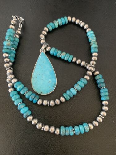 Navajo Pearl Necklace with Blue Kingman Turquoise Pendant | Sterling Silver | 11690