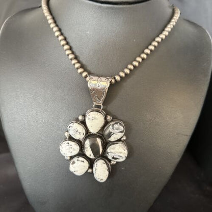 Navajo White Buffalo Turquoise Cluster Pendant | Authentic Native American Sterling Silver | Multi-Stone | 14676 - Masha USA