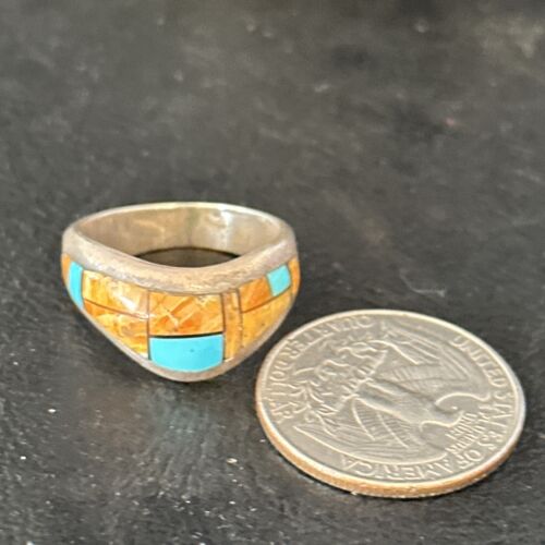 Southwestern Women's Navajo Blue Turquoise Spiny Oyster Inlay Ring | Sz 8 | 14559