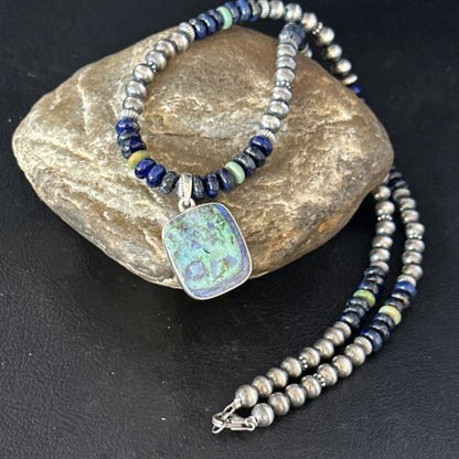 Navajo Green Turquoise Lapis Necklace with Opal Pendant | Sterling Silver | Native American Handmade | 14369